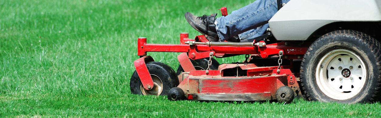 Professional lawn mowing service with a ride-on mower cutting lush green grass in Western Massachusetts